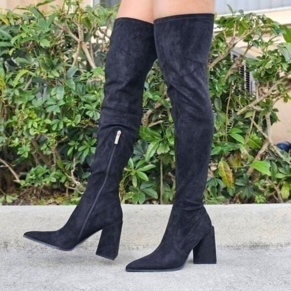 Women's Black Over The Knee pointed Chunky Block Heel Boots - Picture 1 of 6